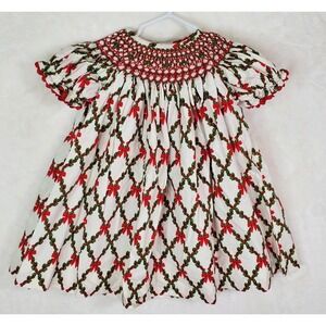 Toddler Girls Three Sisters Smocked Christmas Bow Bishop Dress Size 18 Months